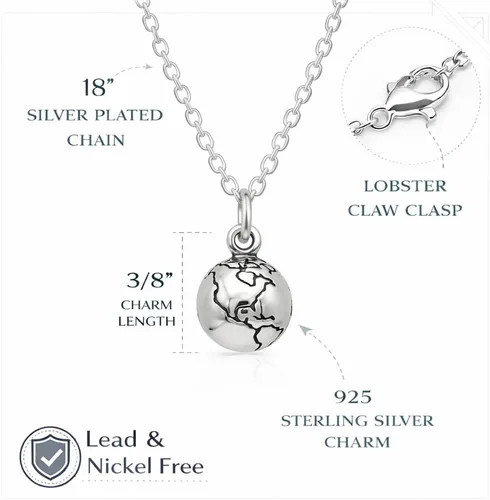 Vista 3 de Collar con dije de globo mundial de plata esterlina para mujer