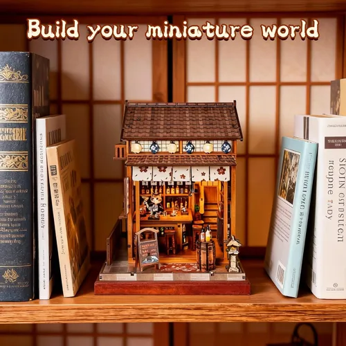 Vista 4 de Kit de rincón de libros para adultos, kit de casa de muñecas Sakura japonesa, kit de casa en miniatura con luz LED, mini kit de construcción
