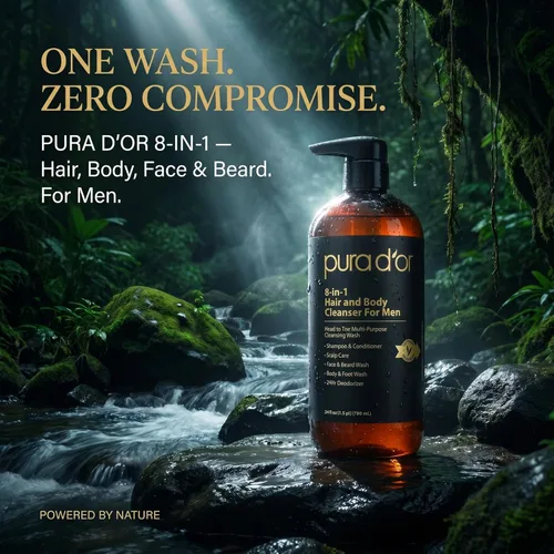Vista 2 de PURA D'OR Limpiador de cabello y cuerpo 8 en 1 de 24 onzas para hombres, sin sulfatos, lavado multiusos para cabello, cara, barba y cuerpo, con aloe