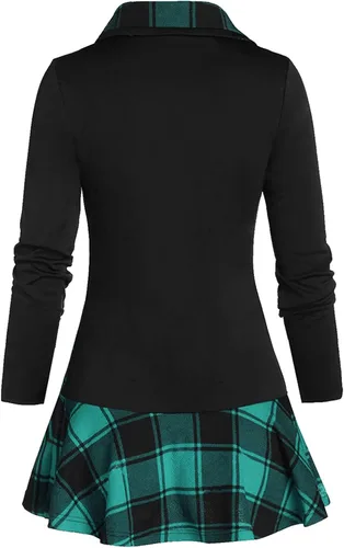 Vista 3 de Sudadera de moda para mujer, vestido con vuelo, asimétrico, cuello redondo, retazos, a cuadros, con capucha
