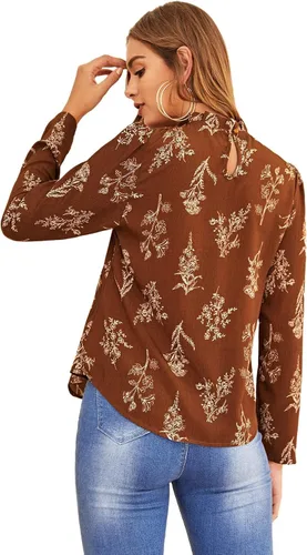 Vista 2 de Floerns - Blusa de chifón georgette de manga larga con estampado floral y cuello alto
