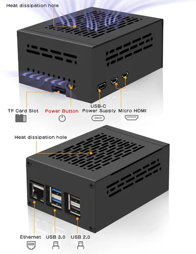 Vista 4 de Geekworm Funda de metal PCIe P579 con enfriador activo oficial Pi 5 para Raspberry Pi 5, soporte superior M.2 NVMe HAT X1001/X1004/X1003/X1015/X1000