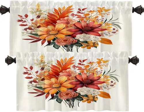 Vista 142 de Shrahala Floral Abstract Design Blackout Curtain Tiers, Minimalist Flower Illustration Kitchen Valance Light Blocking Tier Drapes with Rod Pocket, 2