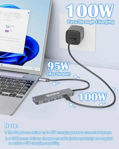 Vista 5 de Hub USB C 5 en 1 con HDMI 4K, adaptador USB C a HDMI, carga PD de 100 W, USB 3.0 5Gbps y 2 puertos USB 2.0, concentrador multipuerto tipo C