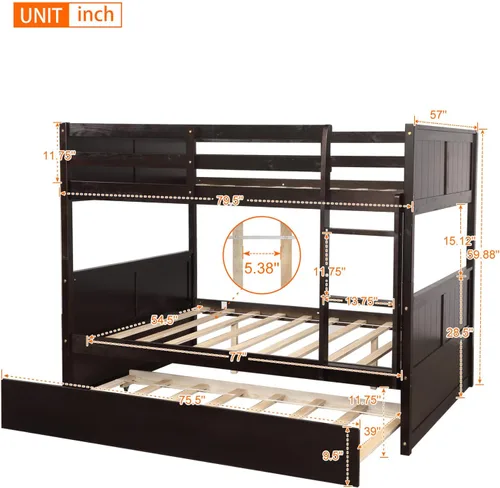 Vista 2 de Litera matrimonial sobre matrimonial con nido, 725 libras, resistente plataforma de tamaño matrimonial, cama de madera de pino con cabecero, tabla