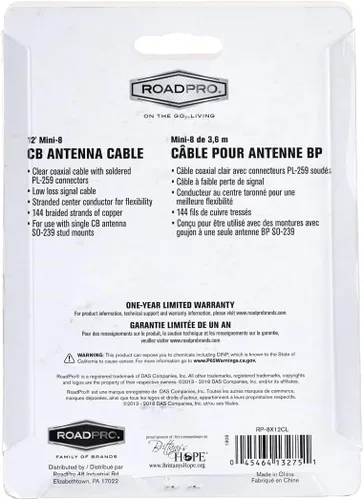 Vista 8 de RoadPro RP-8X12CL Clear 12' Antena CB con cable coaxial Mini-8