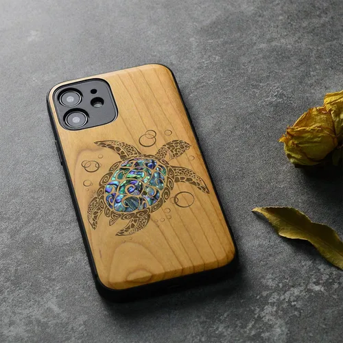 Vista 4 de Carveit Funda protectora de madera de diseñador para iPhone 12 (grabado en madera e incrustaciones de carcasa), funda de madera compatible con Cereza