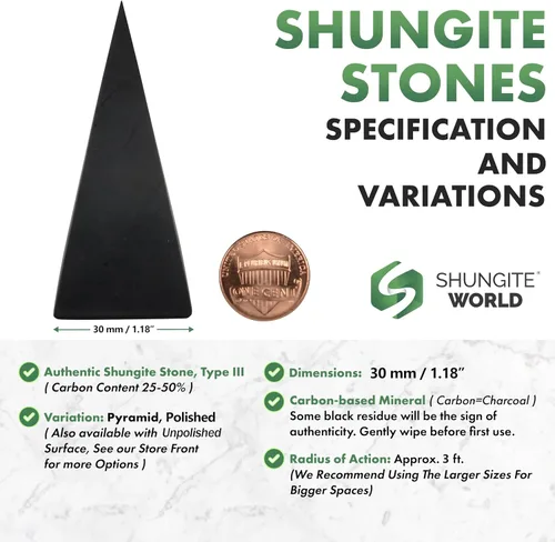 Vista 2 de Shungite World Auténtica pirámide de shungita alta pulida de 1.18 pulgadas / 1.18 pulgadas, cristal curativo natural de chakras, pirámide negra