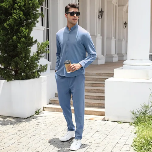 Vista 2 de FZNHQL Conjunto de 2 piezas para hombre, de moda, informal, de manga larga, con botones, camisa y pantalón para hombre