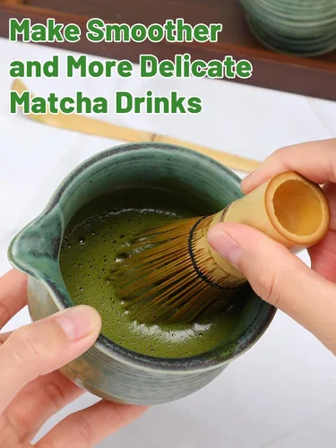Vista 6 de Juego de batidor de matcha con bandeja de bambú, cuenco con boquilla, batidor y soporte, cuchara de bambú, tamiz, kit de matcha japonés, regalo