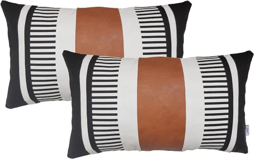 Vista 9 de Funda de almohada lumbar decorativa a rayas 12x20 negro, blanco