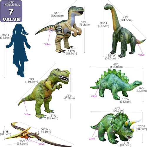 Vista 4 de Jet Creations Paquete de 6 inflables de dinosaurio – T-Rex, Brachiosaurus, Triceratops, Stegosaurus, Raptor y Pteranodon, 43 pulgadas + decoraciones