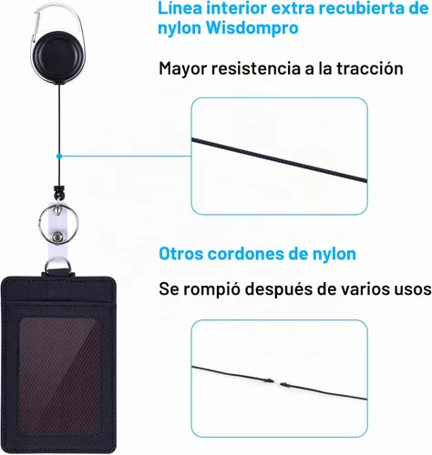 Vista 4 de Wisdompro - Soporte retráctil para tarjetas con cordón y carrete, color negro PU Leather, 2-Sided ID Card Holder, with Carabiner Badge Reel Clip