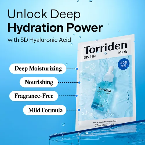 Vista 2 de Torriden Máscara facial de ácido hialurónico DIVE IN (10 hojas), mascarilla coreana de hidratación profunda, pantenol y alantoína, mascarilla
