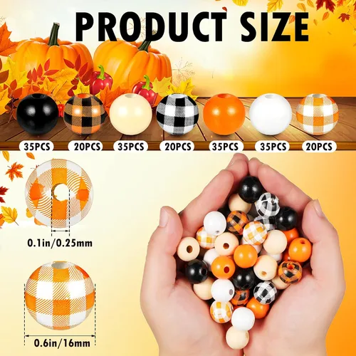 Vista 2 de 200 piezas de cuentas de madera de Halloween con estampado de tartán de búfalo en amarillo, naranja y negro, cuentas espaciadoras de madera redondas