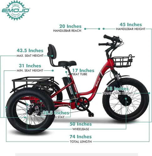 Vista 8 de EMOJO Caddy Pro - Triciclo eléctrico de neumático grueso de 500 W, 20 x 4.0 pulgadas, para adultos, frenos de disco hidráulicos, bicicleta eléctrica
