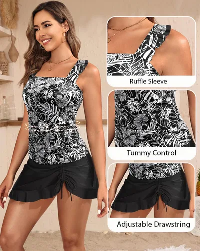 Vista 3 de Tankini with Skirt Tummy Control Ruffle Swimsuit Two Piece Bathing Suit Floral negro