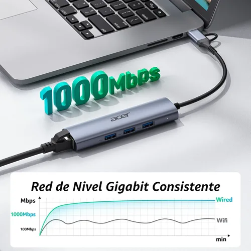 Vista 3 de Acer USB to Ethernet Adapter, USBC Hub Ethernet 1Gbps with 3*USB 3.0