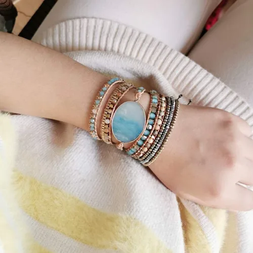 Vista 2 de Pulsera de cuero hecha a mano con cuentas de cristal natural, estilo bohemio, Adjustable, piedra natural