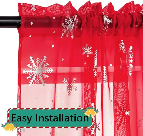 Vista 4 de Cortinas traslúcidas de Navidad para sala de estar, cortinas transparentes con estampado de copos de nieve de lujo, cortinas con bolsillo