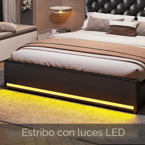 Vista 8 de HAUOMS - Base de cama Queen con cabecero y 4 cajones, tapizado de poliuretano negro Pu Negro