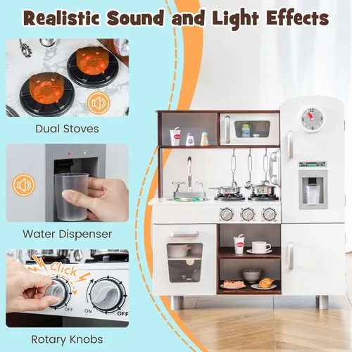 Vista 3 de HONEY JOY Juego de cocina para niños, cocina de madera para niños pequeños, utensilios de cocina, teléfono, reloj, dispensador de agua, gabinete