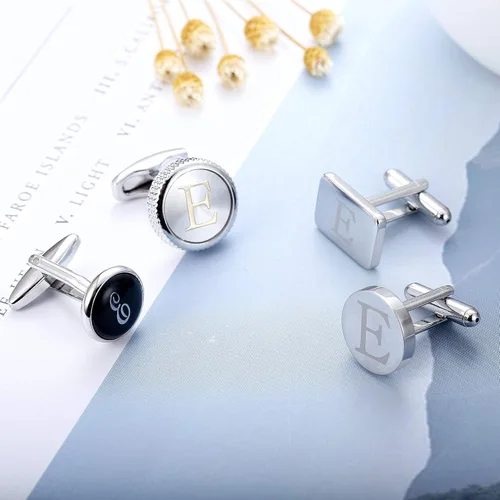 Vista 4 de LOYALLOOK 4 pares de gemelos con inicial para hombre, diseño de letras, diseño de alfabeto, para negocios, boda, día del padre