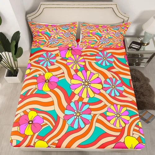 Vista 8 de Juego de ropa de cama con diseño floral bohemio, tamaño individual, diseño retro de flores groovy, 60S y 70S, diseño de flores hippie para niños