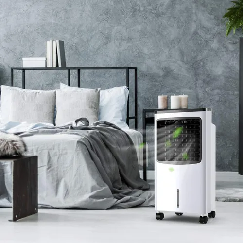 Vista 2 de FANTASK - Enfriador de aire portátil eléctrico, 3 modos, 3 velocidades y temporizador, ventilador con pantalla digital, caja de cristal de hielo