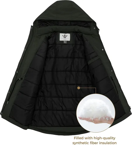 Vista 5 de Wenven Abrigos de invierno impermeables para mujer, chaquetas acolchadas gruesas y cálidas con capucha desmontable Verde militar