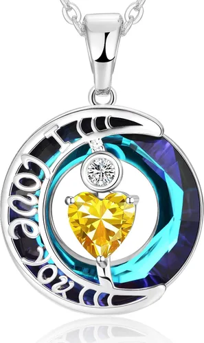 Vista 20 de Collares de cristal para mujer, regalos para aniversario de esposa, regalos de cumpleaños para mujeres, collar de zafiro azul con la frase "I Love