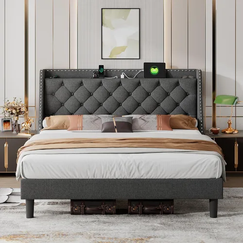 Vista 12 de iPormis Marco de cama matrimonial con respaldo cómodo de 16 pulgadas y estación de carga, cama plataforma tapizada con cabecera de almacenamiento