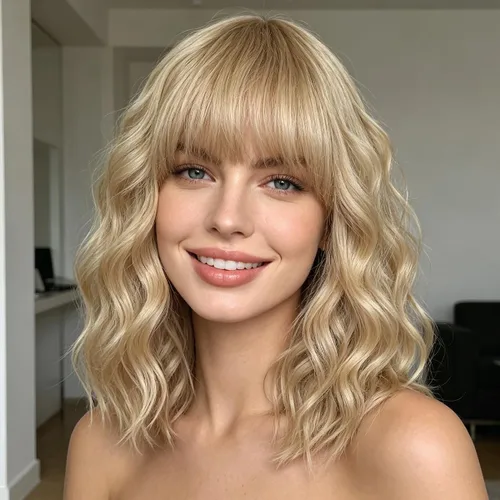 Vista 14 de Peluca negra con flequillo para mujeres negras, cabello rizado y ondulado de 14 pulgadas Negro