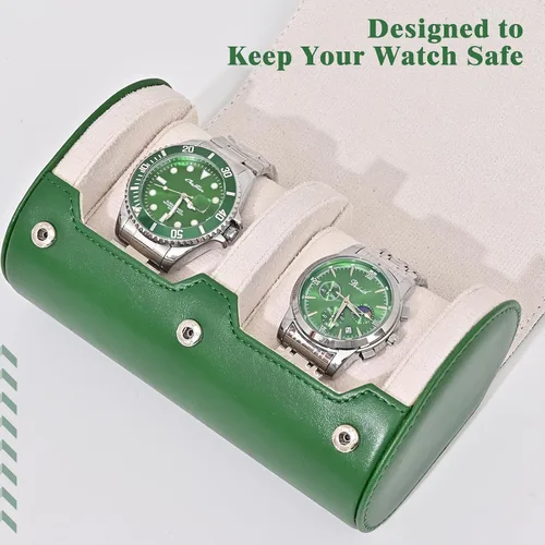 Vista 6 de Flyroom Estuche de viaje para 2 relojes, caja de reloj para mujeres y hombres, portátil, de lujo, de cuero, organizador de rollos de almacenamiento