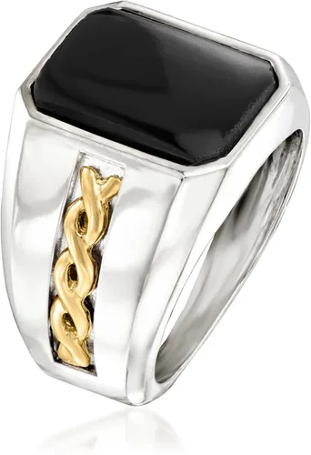 Vista 2 de Ross-Simons Anillo de ónix negro para hombre en plata de ley y oro amarillo de 14 quilates