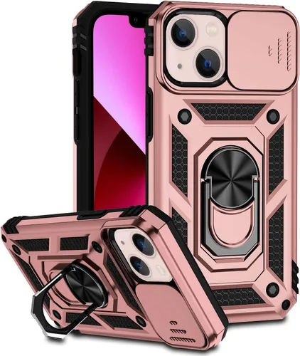 Vista 17 de Funda compatible con iPhone 13 de 6.1 pulgadas, funda magnética con funda para cámara y soporte, grado militar, a prueba de golpes, material de PC
