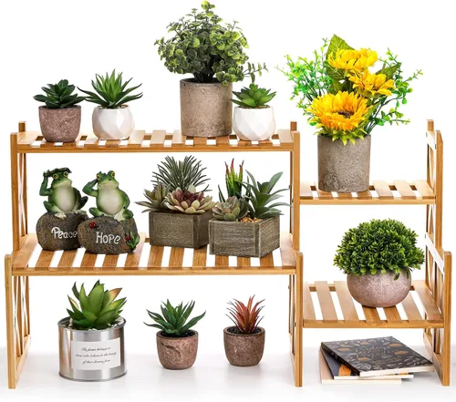 Vista 3 de Lawei Soporte de bambú de 2 niveles para plantas de mesa, soporte ajustable para macetas, soporte de exhibición para macetas, estante pequeño