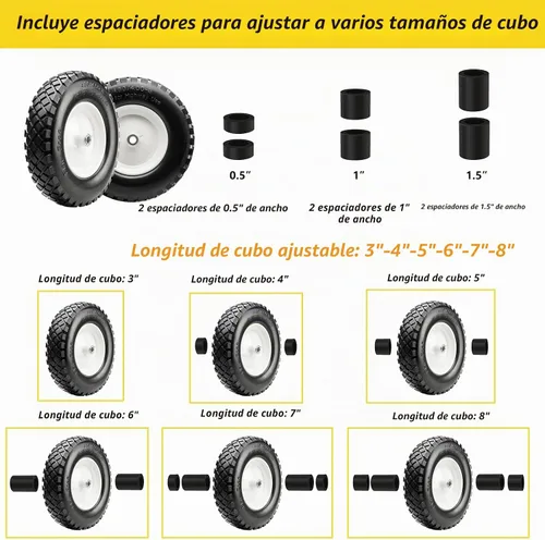 Vista 3 de 16" Neumático plano sin cámara de PU 4.80/4.00-8" sólido con rodamiento de bolas de 3/4" y cubo central de 3"-8", rueda universal para carretilla