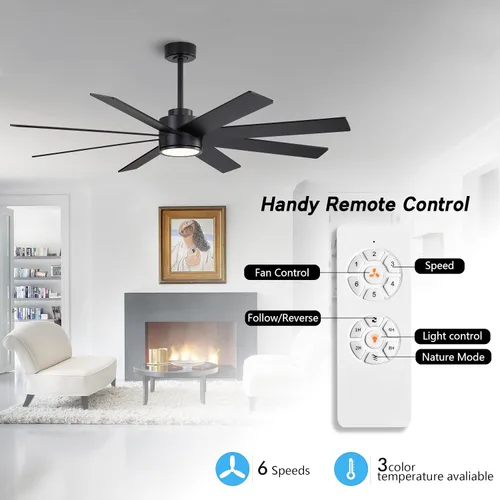 Vista 2 de WINGBO Ventiladores de techo CC grandes de 72 pulgadas con luces y control remoto, 3 varillas descendentes, 8 cuchillas de madera contrachapada