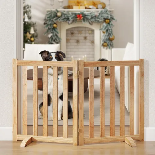 Vista 10 de Puerta independiente para mascotas de 30 pulgadas de altura, valla de seguridad plegable de madera maciza con 2 pies de soporte, ideal para Roble