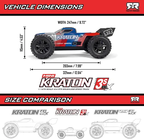 Vista 21 de ARRMA 1/16 Mini Kraton 3S DSC 4X4 RTR Brushless RC Speed Truck, Negro/Rojo