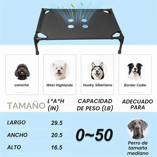 Vista 6 de Cama elevada para perros con 4 módulos de refrigeración, cubierta de PVC, base antideslizante y marco de acero inoxidable para perros, gatos