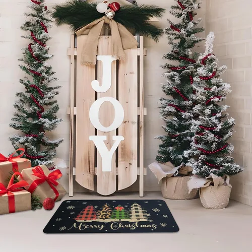 Vista 9 de Felpudo Decorativo de Navidad Feliz Navidad 30"x17" Negro, Alfombra de Puerta Temporada de Búfalo a Cuadros Árbol de Navidad Antideslizante Lavable