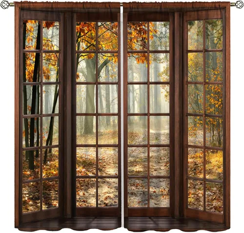 Vista 24 de Cortinas de ventana de cosecha de otoño, marco de madera rústica, cortinas florales de pacas de heno y calabaza, cenefa de cocina de Acción