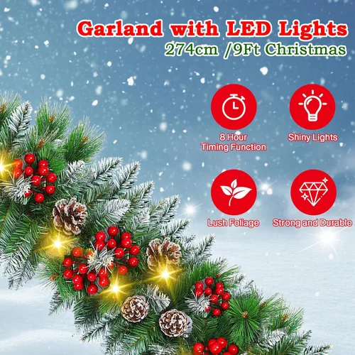 Vista 2 de Guirnalda de Navidad preiluminada de 9 pies con luces decorativas: guirnalda de vegetación artificial que funciona con pilas para chimenea