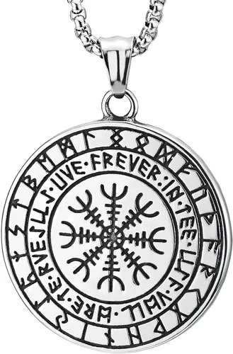 Vista 3 de Viking Pendant Necklace, Mjolnir Thor Hammer Nordic Vegvisir Compass Norse Runic Circle Medal Steel