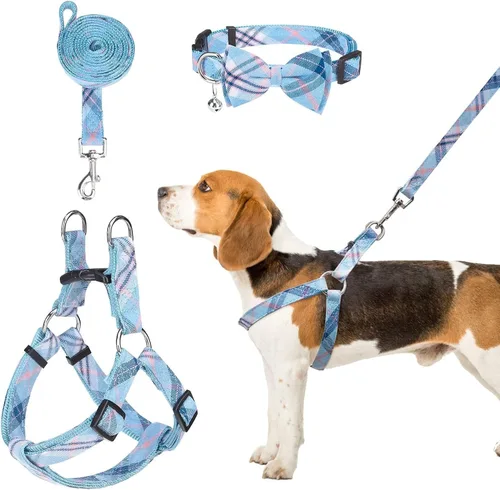Vista 11 de Juego de arnés para perro con correa y collar de corbatín - Arnés para cachorro a cuadros beige, a prueba de escape, chaleco ajustable sin tirones