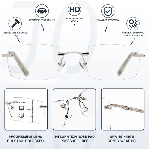 Vista 4 de JO Gafas de lectura multifocales progresivas sin montura para hombres y mujeres, lentes progresivos con bloqueo de luz azul