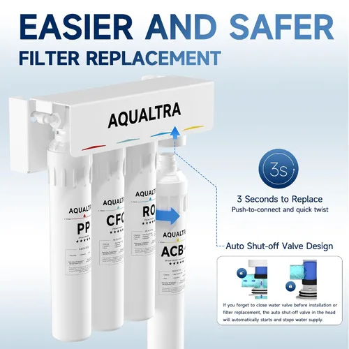 Vista 8 de AQUALTRA USF-4RF-100 100 GPD Sistema alcalino de ósmosis inversa 3: 1 puro para drenar debajo del fregadero Sistema de filtración de agua con grifo