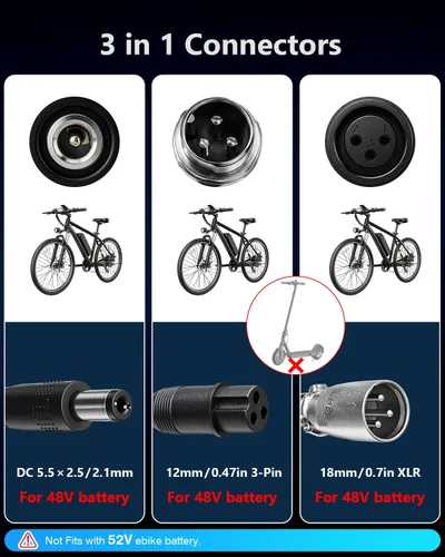 Vista 5 de Cargador de batería de litio de 48 V - Cargador rápido de 54.6 V 2 A con certificación UL para bicicleta eléctrica, con apagado automático, control